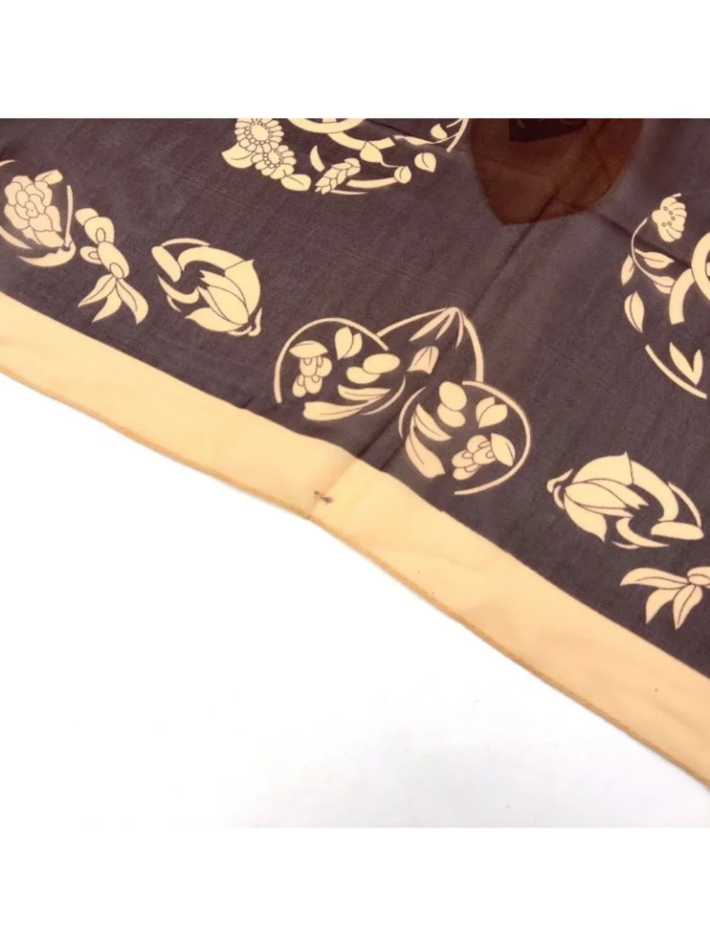 Chanel CC Logo Flower Motif Silk Brown Beige Scarf